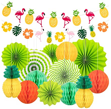 Tropische hawaiianische Luau-Party-Dekorationen, hängende Papierfächer, Flamingo-Ananas-Banner, Wabenbälle für Geburtstag, Hochzeit, Baby, Dschungel