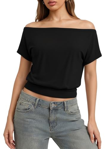 ALGALAROUND Camisetas para Mujer One Shoulder The Shoulder Tops Manga Corta Hombros Descubiertos Top Estrecho Camiseta Básica Sexy Y2K Summer Crop Abdomen Deporte Gym Top, Negro , XXL