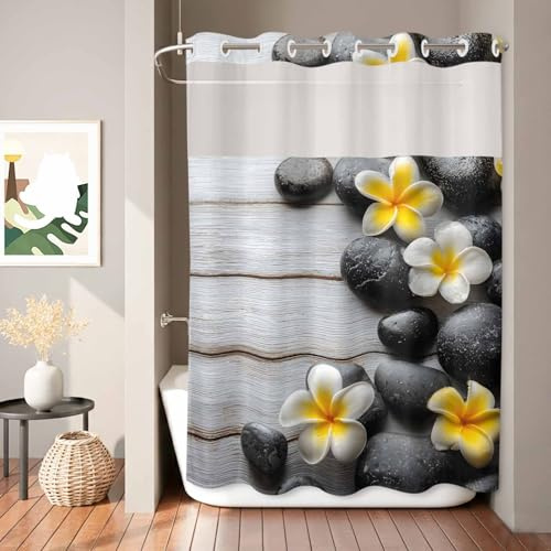 No Hook Shower Curtain, Yellow Egg Flowers Waterproof Fabric Shower Curtains for Bathroom, Plumeria Floral Stone Farmhouse Wooden Bathroom Curtain with Mesh Top Window for Home Hotel Bathtub 60x72