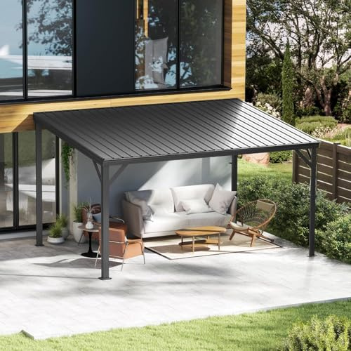 Domi Wandmontierter Pavillon 2,97 × 4,13 m mit Festem Dach, Verzinktes Stahldach mit Regenrinnen, 96 km/h Windbeständig, Outdoor-Überdachung für Terrasse & Garten – Grau