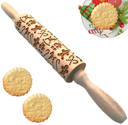 Mattarello natalizio in rilievo da 14 pollici, mattarello in legno con motivo 3D alce pan di e pino, per cuocere biscotti, waffle, torte di pasta frolla, legno