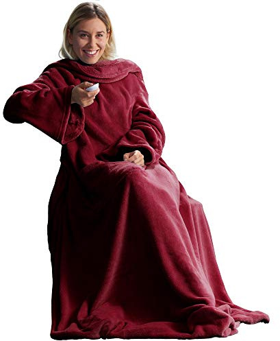 CelinaTex TV-Decke mit Ärmeln und Fußtasche Flauschige Kuscheldecke XL 170 x 200 cm Bordeaux rot Mikrofaser Fleece Soft Oeko-TEX
