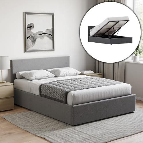 Vida Designs Veronica King Ottoman Bed Frame | Dark Grey Linen | 82 H X 159 W x 210 D cm (5ft) | Upholstered Linen Headboard | Gas-Lift | Large Storage | Slatted Base | Premium Bedroom Furniture