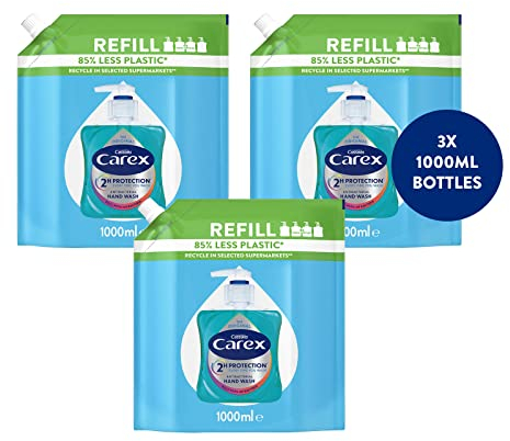 Carex 2 Hour Protection Antibacterial Original Hand Wash Refills, Liquid Hand Soap Eco Refill for Homes & Businesses, Clean & Protect Hands, Bulk Buy, Pack of 3 x 1 litre