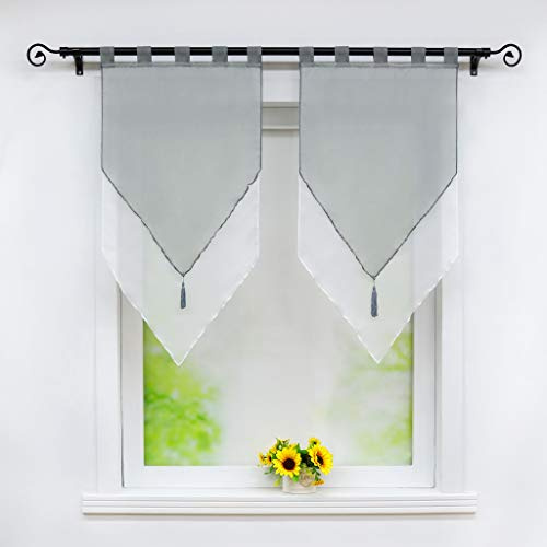 Joyswahl Scheibengardine Voile Panneaux 60x90cm Lydia 60x120cm Grau/Weiß | Bistrogardinen mit Quaste,Landhausstil,Zweifarbig,Doppelschicht Kurzstore,Mit Schlaufen,2 Stück,Küchengardinen modern