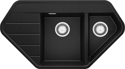 PRIMAGRAN Evier Cuisine en Granit Noir 90x50cm, Lavabo 1,5 bacs + Kit de Vidage, Évier à Encastrer au Meuble 70cm - Copenhague S001