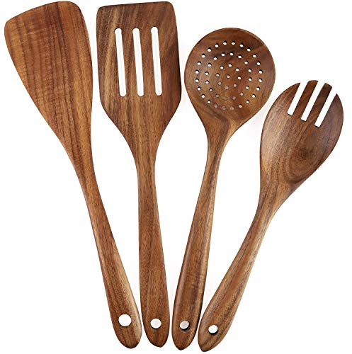 Wooden Cooking Utensils Set 4-Piece Wood Kitchen Utensil Set | for Non Stick Cookware Wooden Spatula,Fork,Turner,Ladle,Strainer Spoons