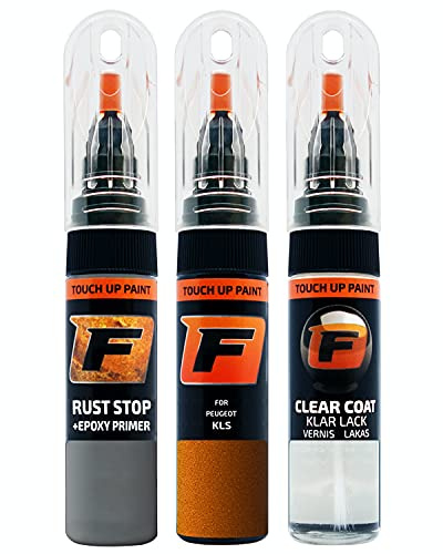 FIRANTO Kit de Pintura de Retoque Coche para Peugeot KLS Orange Fusion, Set de Reparación de Rayones y Arañazos Incluye 15 ml Bolígrafo para Retocar Pintura Coche, Primer y Barniz