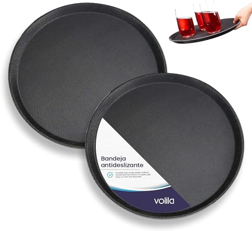 volila Bandeja Redonda para Servir Comida - Caja de 2 Piezas (40 cm) - Bendeja Camarero Antideslizante con Superficie de Goma - Ideal para Bares, Restaurantes, y Fiestas