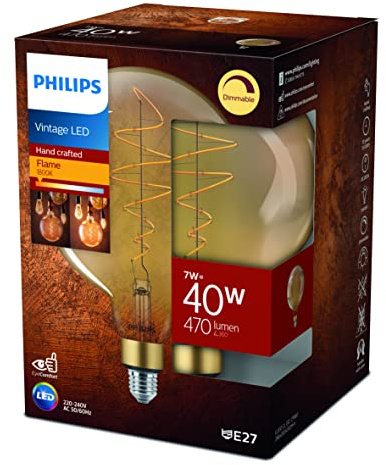 PHILIPS LED Classic E27 Vintage Lampe, 40 W, Vintage Dekolampe, XL-Globeform, dimmbar, gold, klar, flame