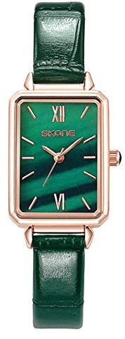 JewelryWe Damenuhr Quarz Analog Armbanduhr Grün Rechteckiges Zifferblatt Uhr mit Grün Schmal Leder Armband für Frauen Mädchen Muttertagsgeschenk