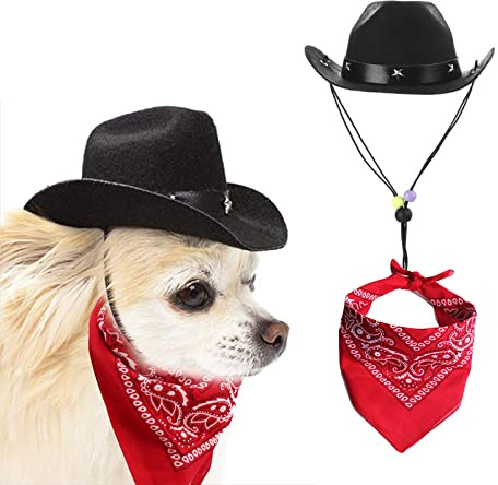 AWOCAN Cowboyhut und Bandana für Hunde und Katzen, Sombrero, Welpenhut, Cosplay-Kappe, Welpen, Haustier, Hund, Katze, Urlaub, Party-Dekoration (schwarz)