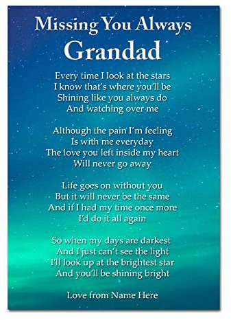 Personalised Missing You Always Grandad Memorial Card Funeral Graveside Poem & Stake F535