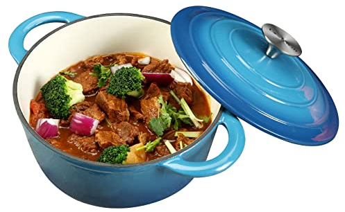 Forno olandese in ghisa smaltata da 5 l, pentola da forno olandese con coperchio auto-imbastitente, blu resistente, forno olandese con doppio manico, pentola in ghisa smaltata in porcellana smaltata,