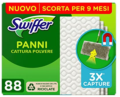 Swiffer 88 Panni Catturapolvere e Sporco, Microfibra Dry, Ottimo per Tutti i Tipi di Pavimenti e per i Peli di Animali, Maxi Formato, con 79% di Fibre Riciclate