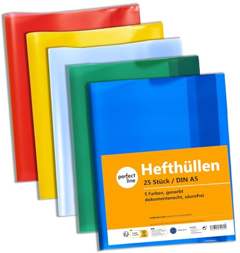 perfect line - 25 Hefthüllen DIN A5, 5 Farben - Heftumschlag transparent genarbt - Heftschoner aus recyclebarem PP, Dokumentenecht