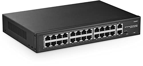 24 Port PoE Switch, 10/100Mbps PoE+ Ports, 2 Gigabit Ethernet Uplink, IEEE802.3af/at, Max 300W, VLAN & PoE Extend 250m, RackMount Fanless Unmanaged Ethernet Switch
