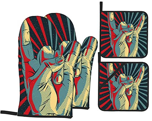 Rock and Roll Ensemble de gants de cuisine et maniques en tissu polyester, isolation thermique, épais et durable