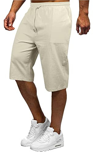 YAOBAOLE Herr 3/4 linnebyxor linne shorts herr korta herrshorts av linne korta byxor herr sommar linne, Beige, M