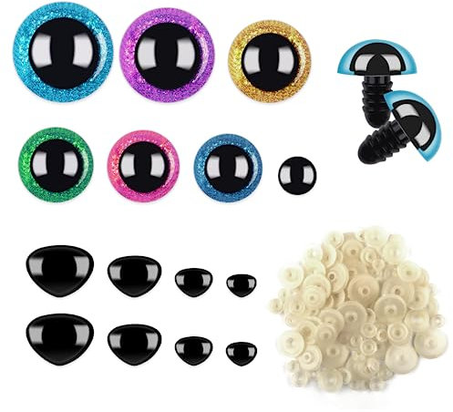 Weysoo Sicherheitsaugen für Häkeltiere, 61 Stück Glitzer Sicherheitsaugen und Sicherheitsnase mit Dichtung,Augen für Häkeltiere (10-30 mm),Amigurumi Augen Gehäkelte für Plüschtiere,Puppen,Teddybären
