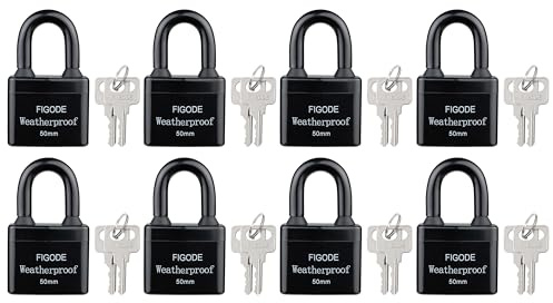 FIGODE® Wasserdichte Vorhängeschlösser für den Außenbereich, bezogene, robuste, laminierte Stahlschlösser, Schloss-Set mit Schlüsseln, 5,6 cm breit, 8er-Pack gleichschließende Vorhängeschlösser mit