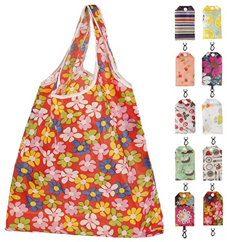 Chuboir 10pcs Foldable Shopping Tote Bags, Reusable Eco Grocery Tote Bags Foldable in a Pouch, Portable Washable Grocery Shopping Bags for Daily Shopping Travel Storage