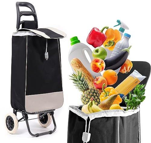 40Liter Wasserabweisender Trolley Einkaufstrolley Klappbar, Shopping Trolley, Einkaufswagen Faltbar, Einkaufstasche mit 2 Rädern, Einkaufskorb mit Rollen (Schwarz)