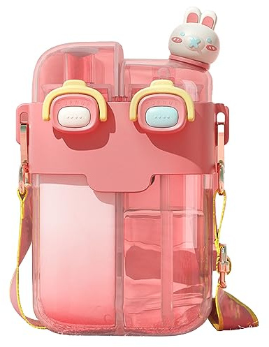 Botellas de Agua Kawaii con Pajita, Botella de Agua Potable Doble de Plástico de Moda, Correa Ajustable para Deportes, Fitness, Gimnasio, Camping, Jarra de Agua (Rosa Coral 780ml)