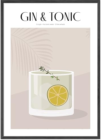 JUNOMI® Gin Tonic Poster 50x70 cm, Cocktail, Longdrink, Bar, Getränke, Cocktail Set | Mit Rahmen Schwarz