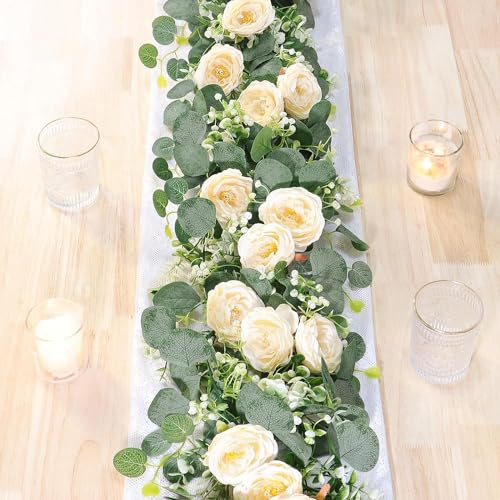 UXORSN Künstliche Eukalyptusblumengirlande mit Champagner-Rosen, künstliche Seidenpflanzen, grüne Blumengirlande, Gypsophila, künstliche Efeu-Ranken, für Hochzeit, Zuhause, Party, Dekoration