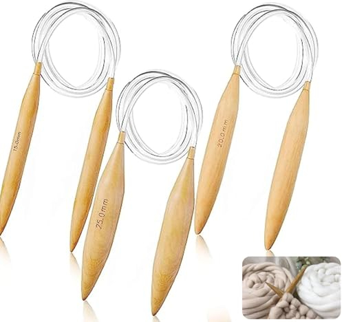 KAYEF 3 Stück Rundstricknadel Mit Rundem Kopf, Naturholz Extra Große Stricknadeln für Stricken/Pullover/Schals (15, 20, 25 mm)