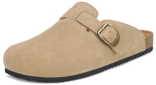 Intini Zuecos y Mules para Hombre Mujer Sandalias de Piel | Plantilla Corcho, Zapatilla de Estar por Casa, con Hebilla Ajustable, Cerradas, Cómoda