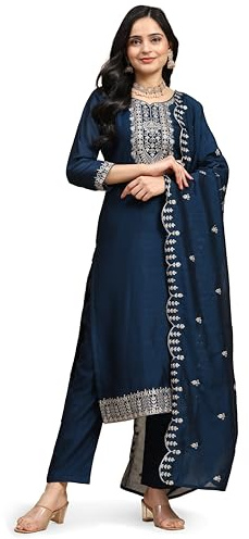 TRENDMALLS Damen Vichitra Seide Stickerei Salwar Anzug Set Kurta Hose mit Dupatta, Blaugrün, Blau, Small