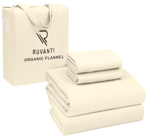 RUVANTI 100% Organic Cotton Flannel Sheets Queen Size Bed Set, Winter White