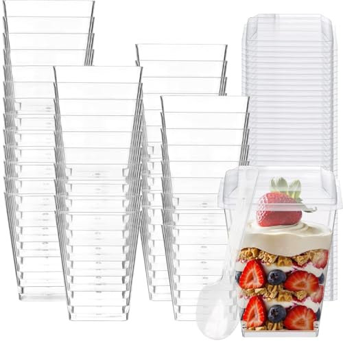 joy akkess Lot de 100 tasses à dessert en plastique transparent de 140 ml avec couvercles et cuillères – Gobelets parfaits pour yaourt avec couvercles – Mini tasses à dessert avec cuillères pour