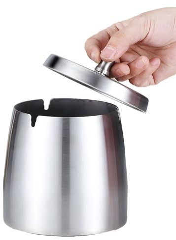 Garegce Ashtray with Lid, Stainless Steel Cigarette Ashtray with Lids SmellProof Windproof Rainproof with Non-Slip Base for Garden Bar Balcony Home Office Indoors and Outdoors - Large Size