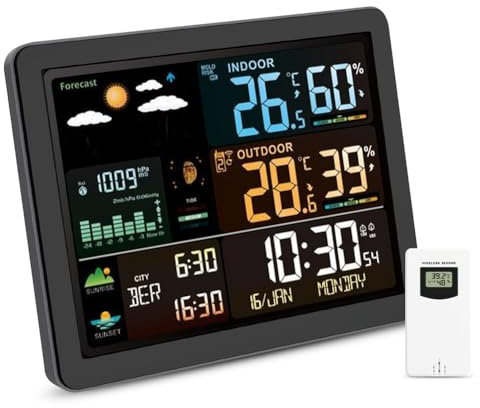Weather Station Wireless Thermometer with Outdoor Sensor, Digital Radio Clock Indoor and Outdoor Thermometer Hygrometer with Weather Forecast, Wireless Thermometer with VA Display for 330° Readability