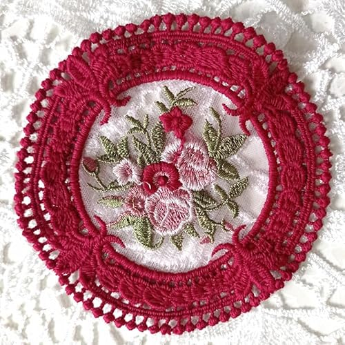 SYSUII 4 Stück Spitzendeckchen Spitze Untersetzer -Rund Vintage Spitze Tischsets Gestrickte Tischdecke Blumen Kleine Tischläufer Handarbeit Deckchen für Küche,Esszimmer Hochzeit Teeparty-Rot