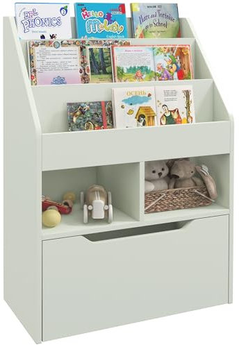 HOMCOM Piccola Libreria per Bambini con Ripiani, Cassetto e Ruote, Scaffale per Giocattoli e Libri in MDF per Cameretta, 60x29.9x90cm, Verde