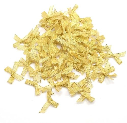 100 Stück Mini Satinband Schleifen für Scrapbooking,Hochzeit Deko,Karten,DIY Basteln Geschenkverpackungen Satinband Bögen aus Polyester Kleine Deko(Gold)