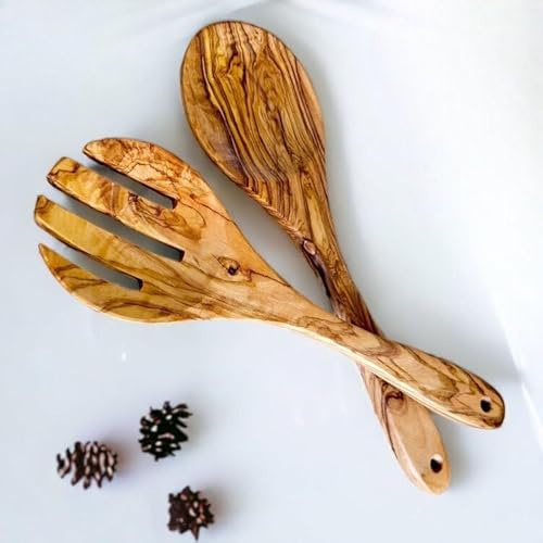 Olive Wood Salad Cutlery | Olive Wood Salad Servers | 2 Piece (Spoon and Fork) Olive Handmade Wooden Cutlery Set for Salad Rice Soup | Genuine Unique Piece from Tunisia (35 cm)