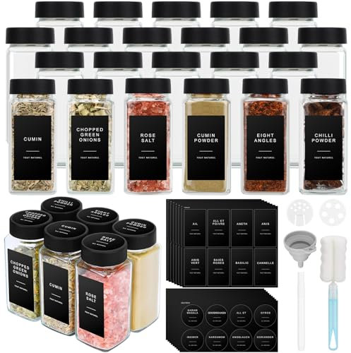 Mozvvco Contenitori Spezie 120ml - Set 24 Barattoli Porta con Coperchio, Setaccio, Etichette, Spazzola e Imbuto