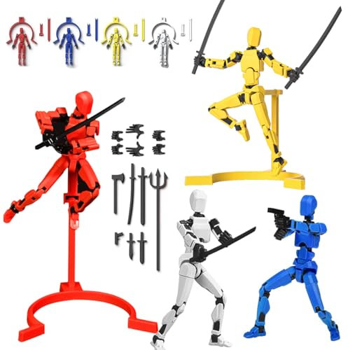 Cartlant 4 Stück T13 Action Figure mit Sockel, Dummy 13 Actionfigur mit 7 Waffen und 3 Handtypen, 3D Druck Figur Menschen Beweglich T13 Action Figuren Lucky 13 Roboter Desktop Dekorationen