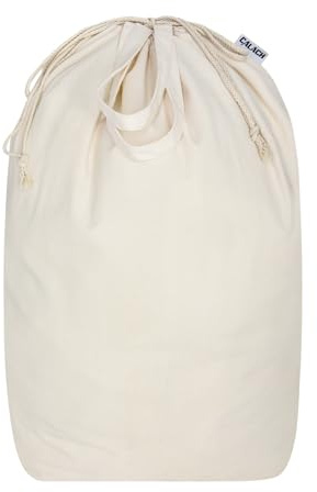 CALACH Canvas Laundry Bags with Handles & Square Base 13.8Lx13.8Wx27.6H, Large Heavy Duty Laundry Hamper Bag, College Dorm Washable Drawstring Canvas Dirty Clothes Sack (Beige,1 Pack)