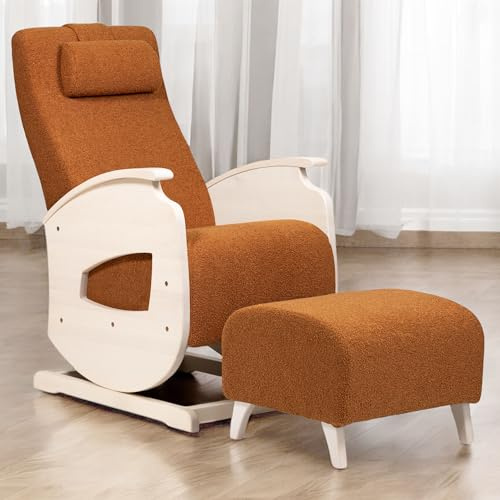 NeiLux Design Schaukelstuhl mit Hocker – Handgefertigter Schaukelstuhl – Gemütlicher Schwingsessel mit Armlehnen für Wohnzimmer, Schlafzimmer & als Lesesessel – Relax Sessel (Brown)