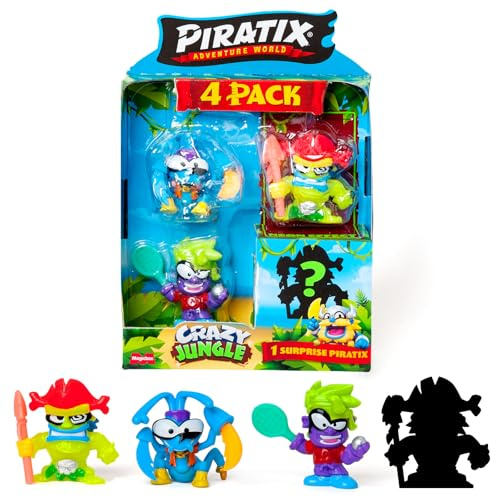 PIRATIX Adventure World Serie Crazy Jungle, Pack de 4 - Contiene 4 Piratix: 1 neón y 1 Sorpresa; y 4 Accesorios neón. Pack 4 de 6