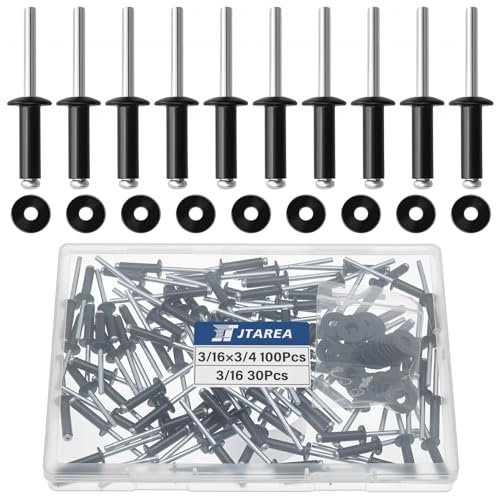 JTAREA 130pcs 3/16 x 3/4 Black Aluminum Pop Rivets with Stainless Steel Washers 4.8 x 20mm Blind Rivet Assortment Kit