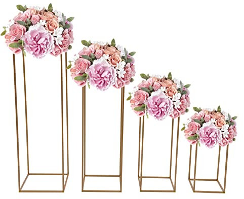 4er Set Hochzeitsvase Blumenständer Blumensäulen aus Metall Pflanzenständer Verschiedene Höhen Hintergrund Deko Gold Eckiger Deko 60cm