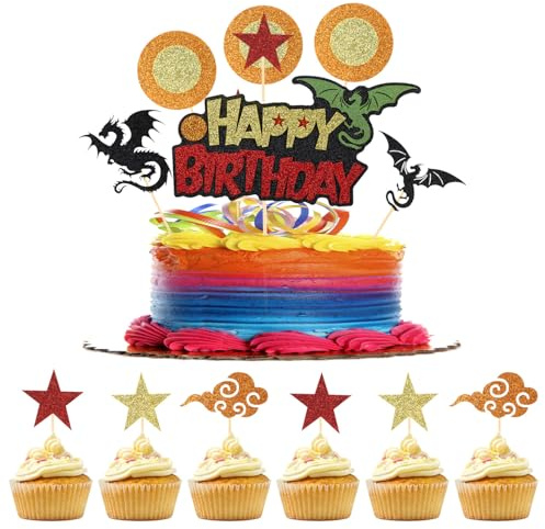 1 Adorno para Tarta de Feliz Cumpleaños + 12 Adornos para Cupcakes, Adorno para Tarta de Anime Decoraciones Purpurina Palillos para Cupcakes de Dibujos Animados para Fiestas de Temáticas