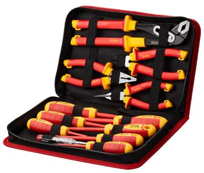 VEVOR Juego de Destornilladores Aislados, 12 PCS Kit de Destornilladores Eléctricos Profesionales con Puntas Ranuradas Phillips Magnéticas, Alicates Aislados y Alicates Diagonales para Electricistas